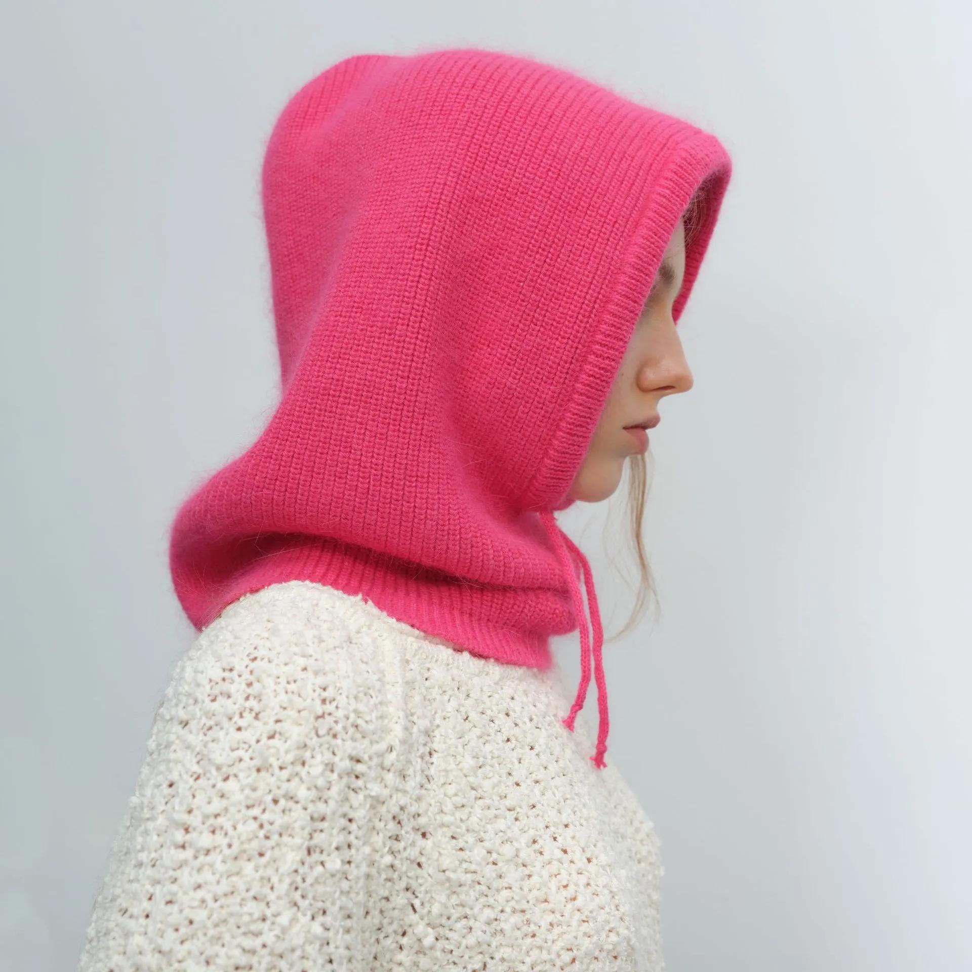여성용 니트 드로스트링 모자, 단색 패션, 따뜻한 스카프 및 목 보호, 통합 여성 니트 모자, 2023 가을 겨울